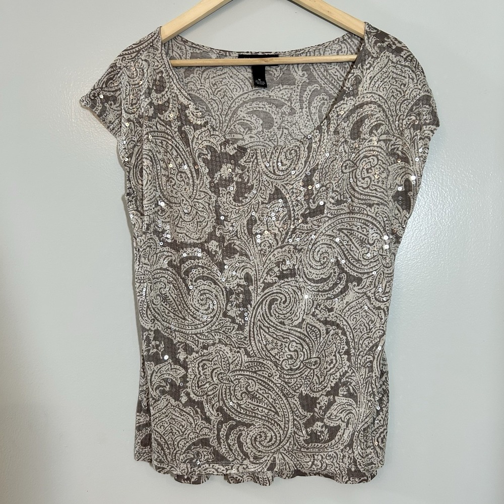 INC International Concepts Top Women's Medium Sequins Taupe Chic
